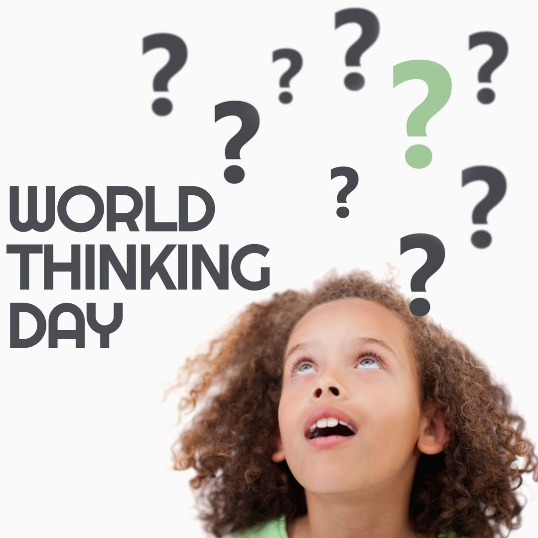 Curious Child Celebrating World Thinking Day with Question Marks