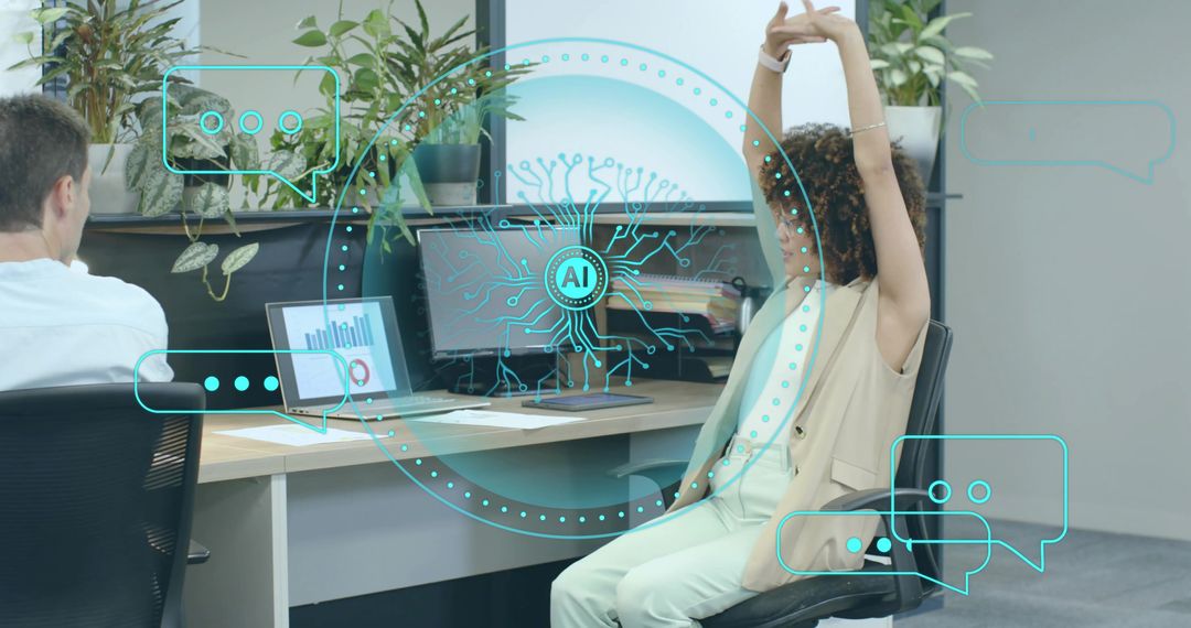 Office Worker with Smartwatch Interacting with AI Visualization