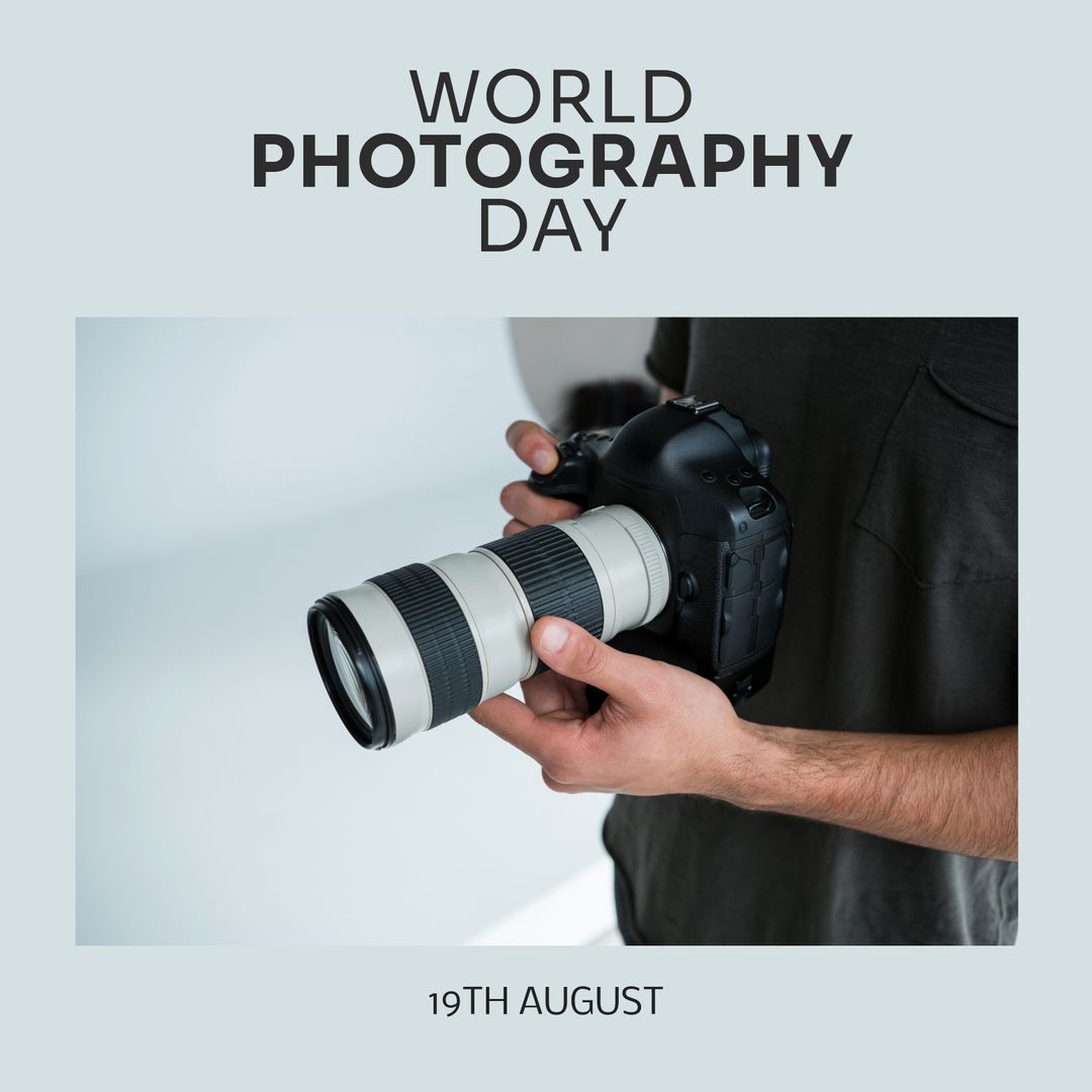 Caucasian Man Holding Professional DSLR Camera for World Photography Day