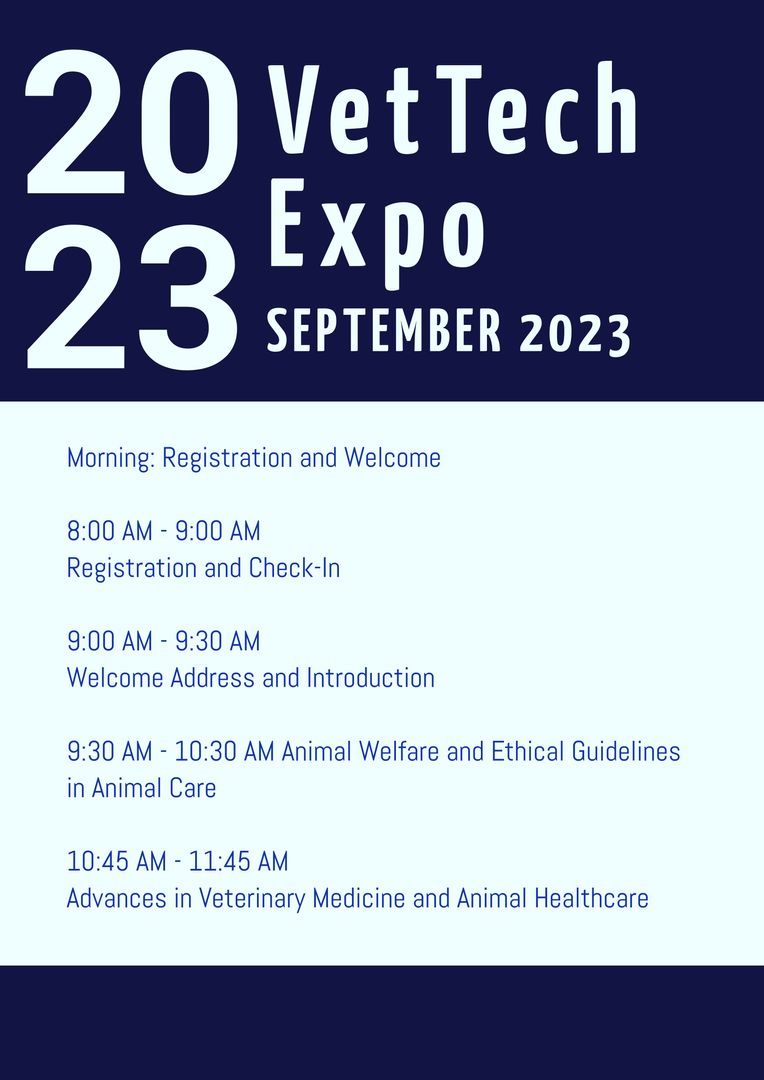 Elegant Vet Tech Expo Schedule with Bold Navy Design