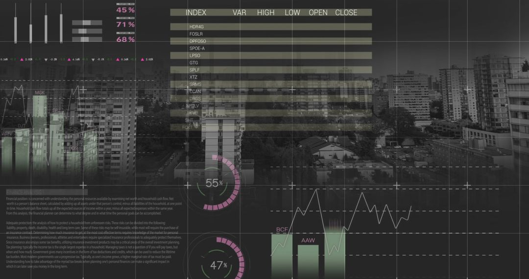 Financial Data Overlays Cityscape Signifying Market Dynamics