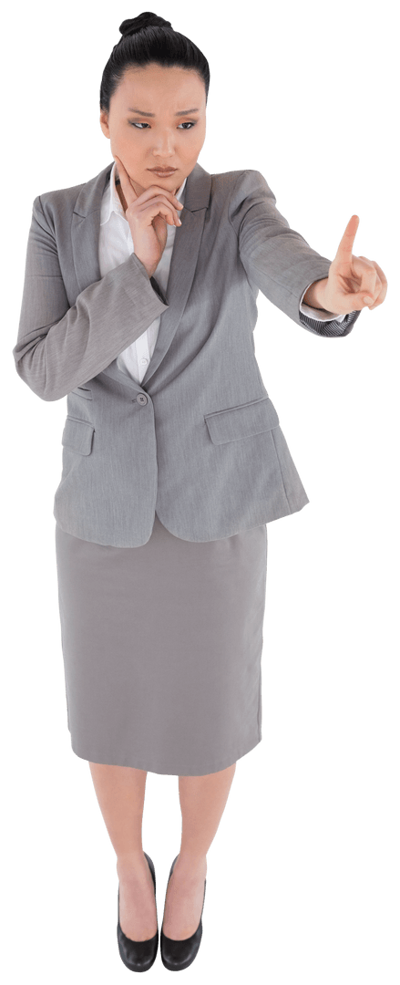 Transparent Businesswoman Pointing With Thoughtful Gesture