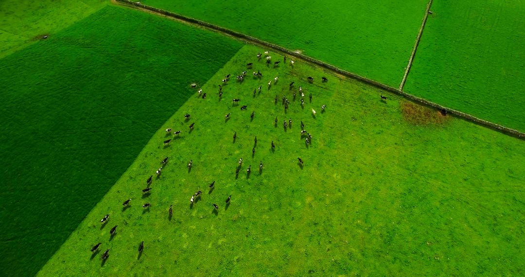 General aerial view of landscape with green fields and cattle, copy space - Free Images, Stock Photos and Pictures on Pikwizard.com