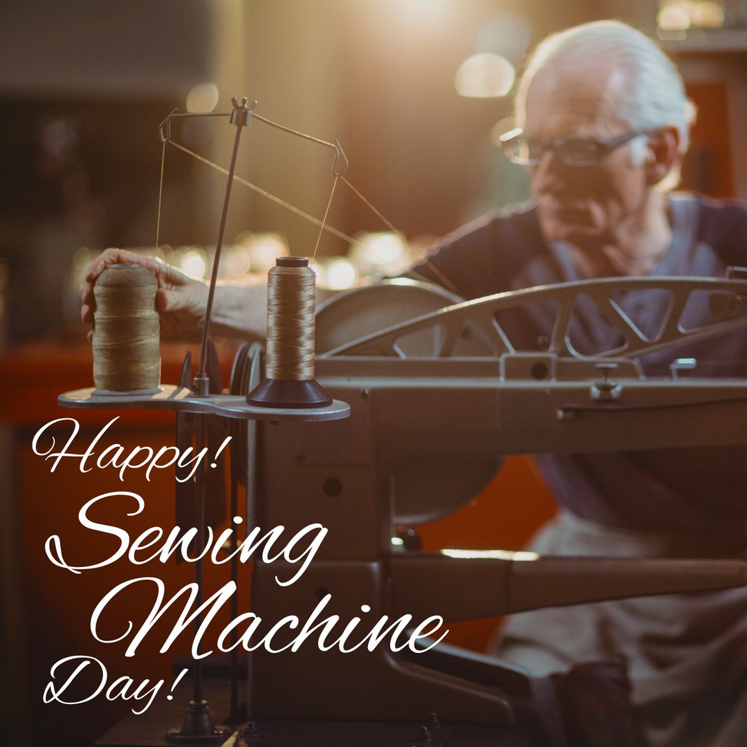Senior Man Sewing in Workshop on Sewing Machine Day