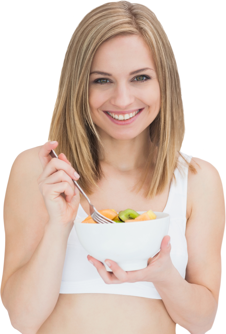 Young Smiling Woman Eating Fresh Fruit Salad on Transparent Background - Download Free Stock Images Pikwizard.com