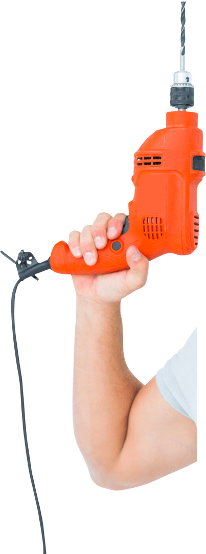 Hand Holding Bright Orange Drill with Black Cord on Transparent Background