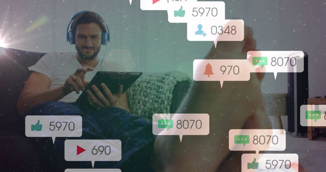 Man Relaxing with Tablet Amid Digital Social Notifications