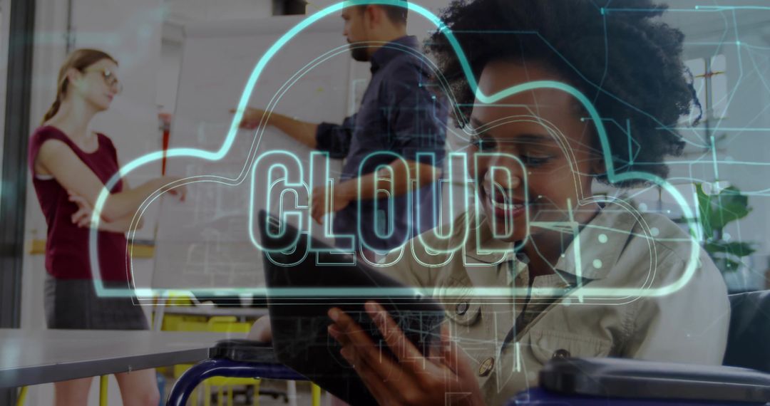 Team Collaborating in Modern Office with AI Cloud Technology Overlay