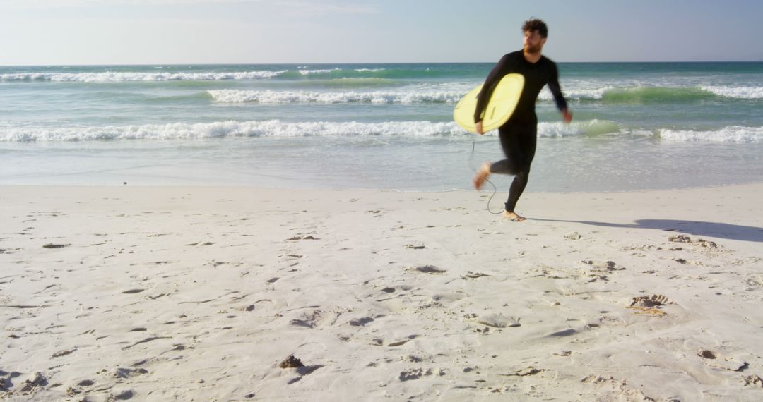 Young Surfer Running Excitedly Toward Ocean Waves