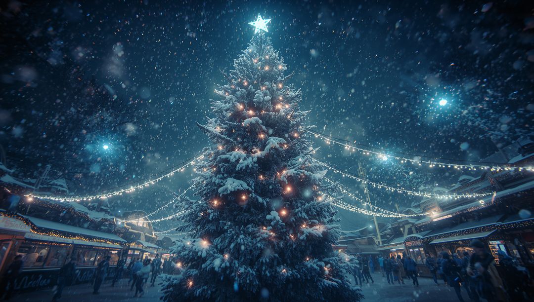 Festive Christmas Night Market with Illuminated Tree and Falling Snow