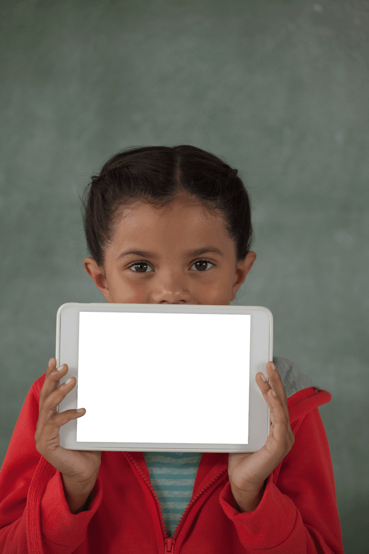 Young Girl With Digital Tablet in Front of Black Board Transparent Background
