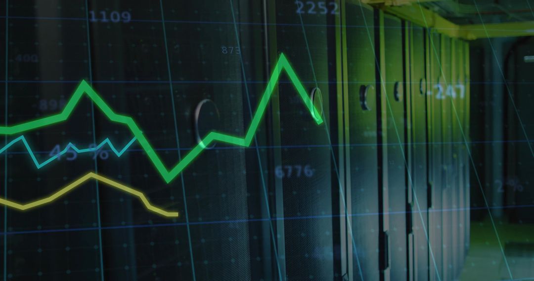 Server Room with Data Overlay and Green Line Graphs