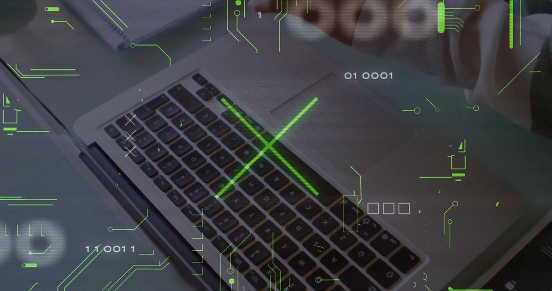 Typing Hands on Laptop Keyboard with Neon Cyber Circuit Overlay Futuristic Workspace