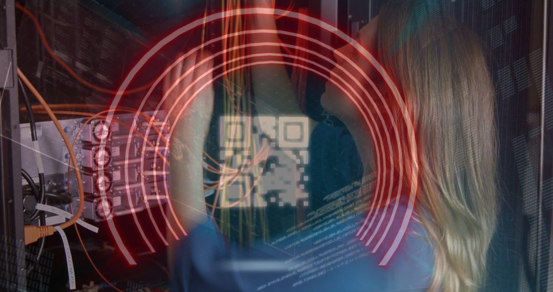 Female Tech Worker with Digital Overlay in Server Room