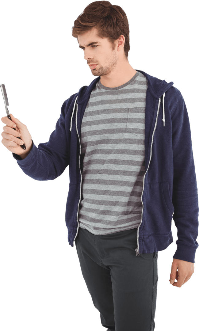 Man Holding Reflective Straight Edge Razor on Transparent Background