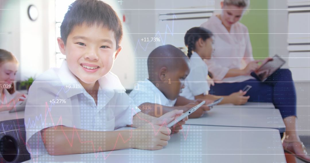 Smiling Students with Tablets and Teacher in Digital Classroom Setting