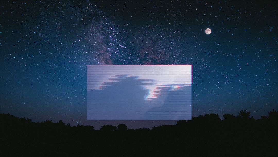 Glitch Overlay Transforming Starry Night Sky with Cosmic Elements