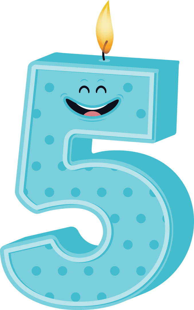 Happy Blue Number 5 Birthday Candle on Transparent Background