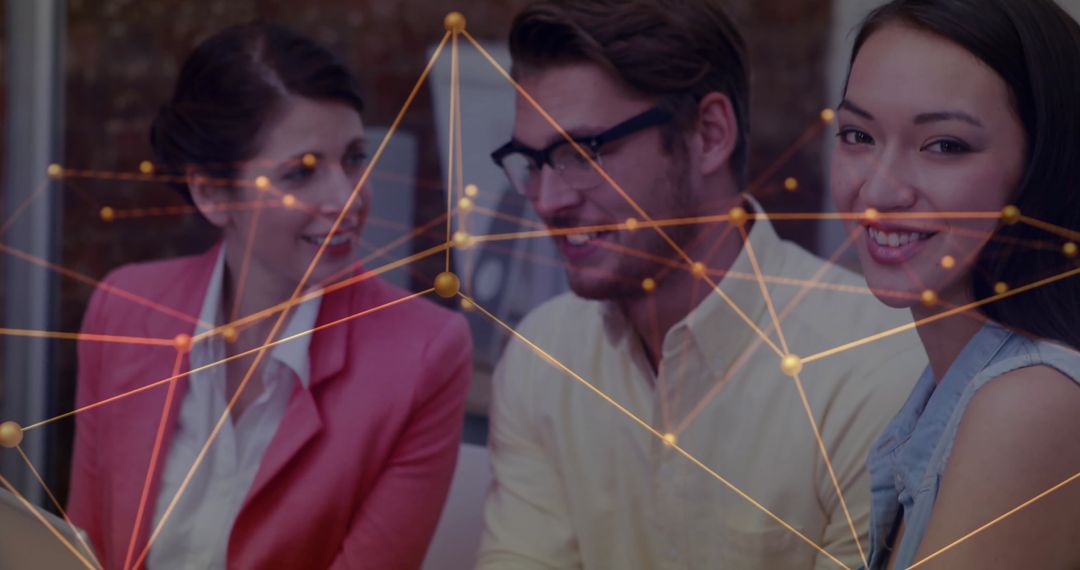 Diverse Professionals Engaging with Digital Network Overlay