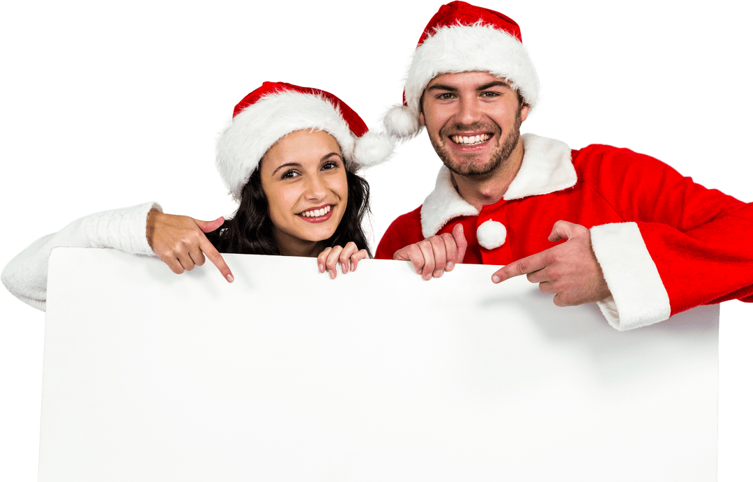 Cheerful Festive Couple Pointing at Blank Transparent Poster