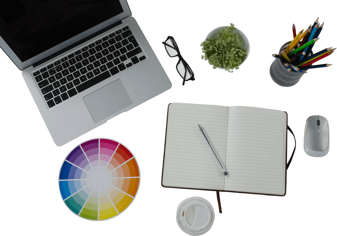 Transparent Laptop with Office Supplies on Modern Workspace