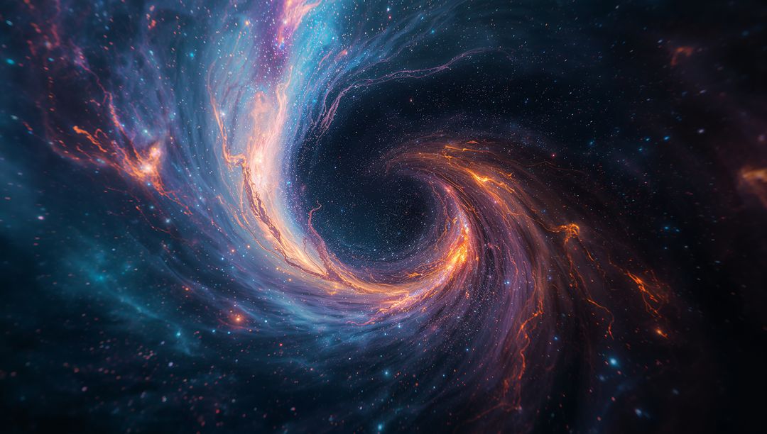 Swirling Cosmic Vortex Drawing Glowing Gas Into Dark Core, Fiery Spiral Nebula Digital Art