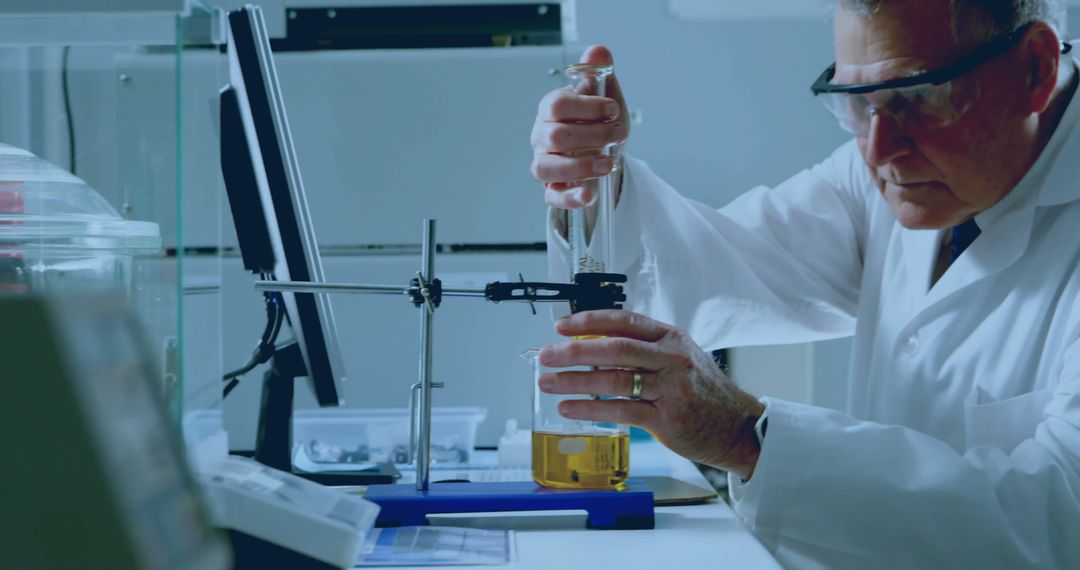 Senior Scientist Conducting Lab Research with Beaker