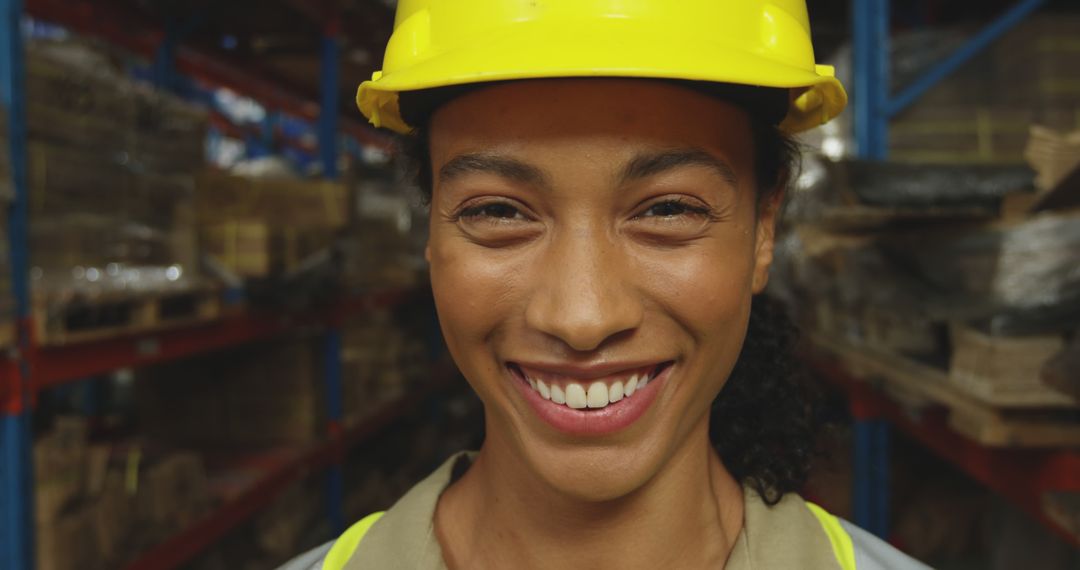 Smiling Female Warehouse Worker Wearing Safety Helmet - Free Images, Stock Photos and Pictures on Pikwizard.com