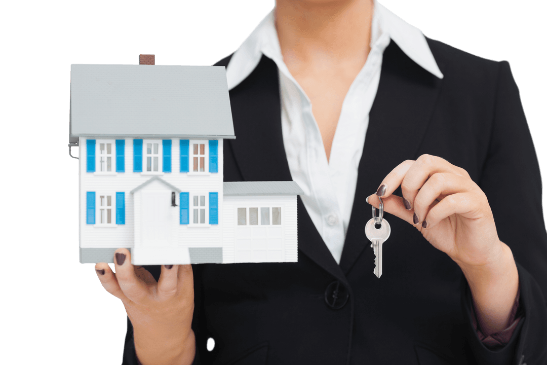 Businesswoman Holding House Model and Keys on Transparent Background