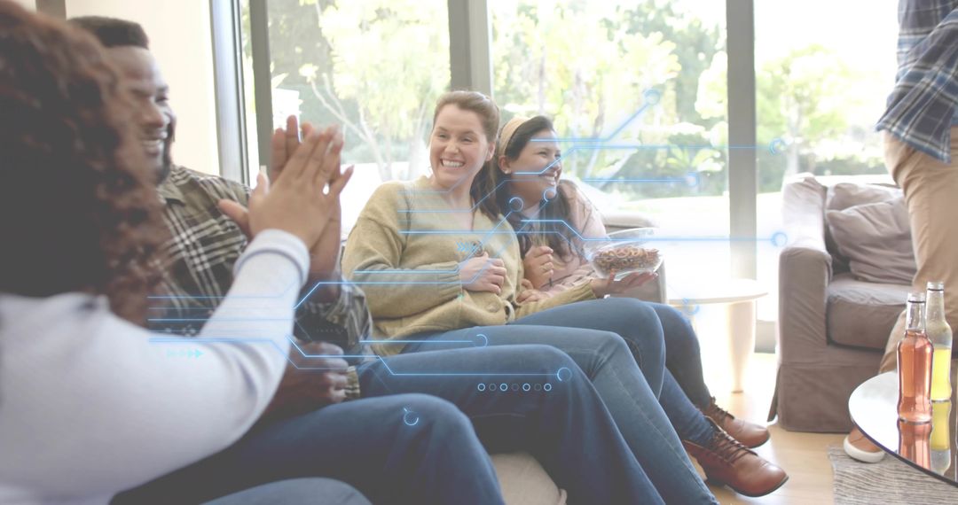 Friends Laughing on Sofa Sharing Popcorn with Augmented Reality Social Interface