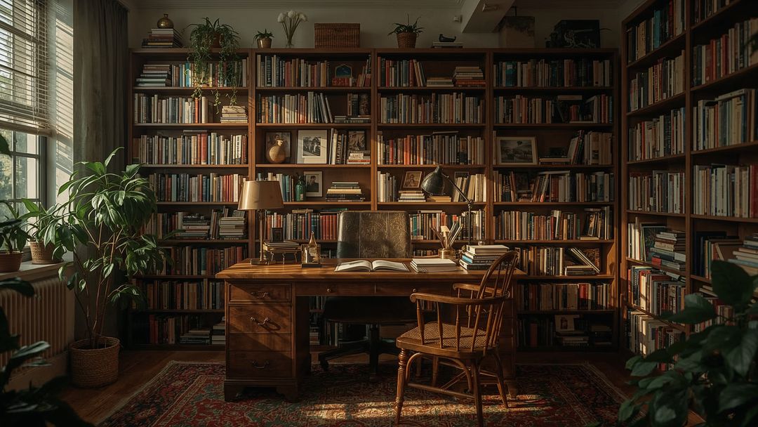 Cozy Home Library with Wooden Desk and Curated Bookshelves