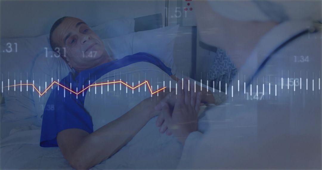 Patient Lying in Hospital Bed with Doctor Analyzing ECG on Tablet