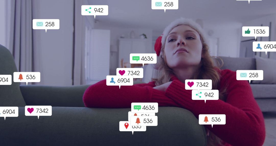 Woman In Santa Hat With Increase in Social Media Notifications