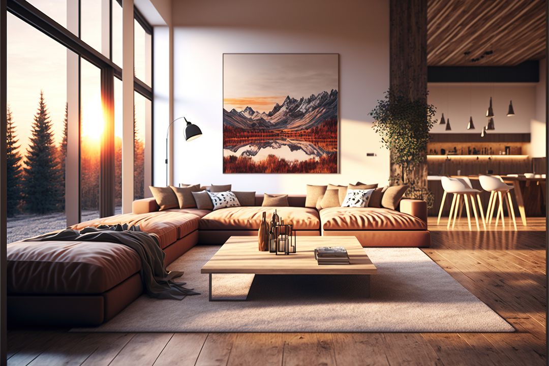 Modern Living Room with Scenic Mountain View at Sunset - Free Images, Stock Photos and Pictures on Pikwizard.com