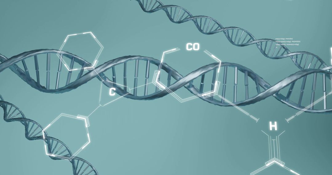 Abstract DNA Strands with Chemical Structures on Green Background