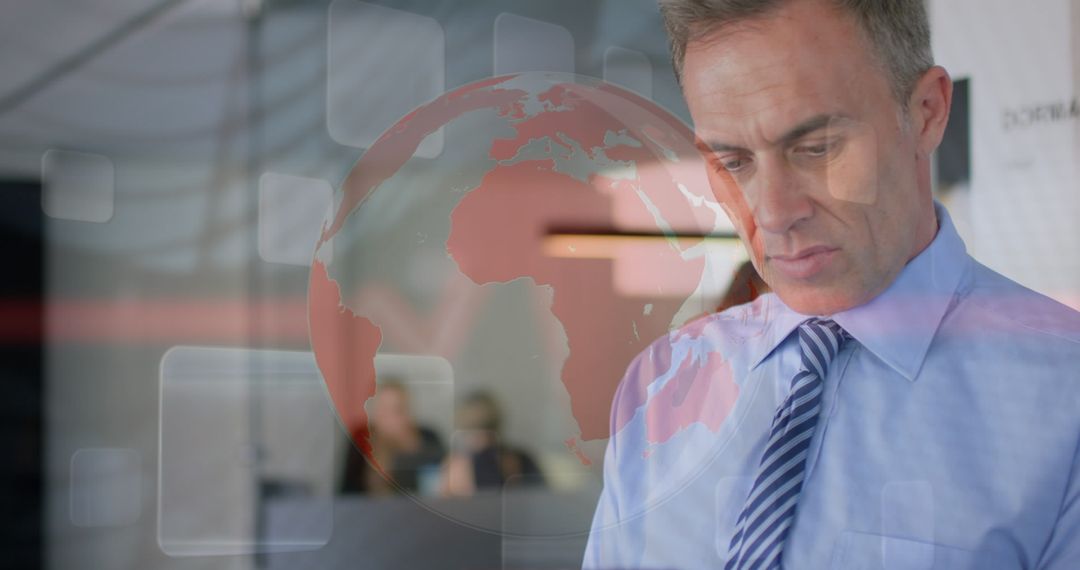 Businessman Analyzing Global Digital Data in Office