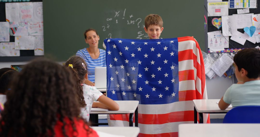 Schoolboy Presenting American Flag in Classroom Setting
