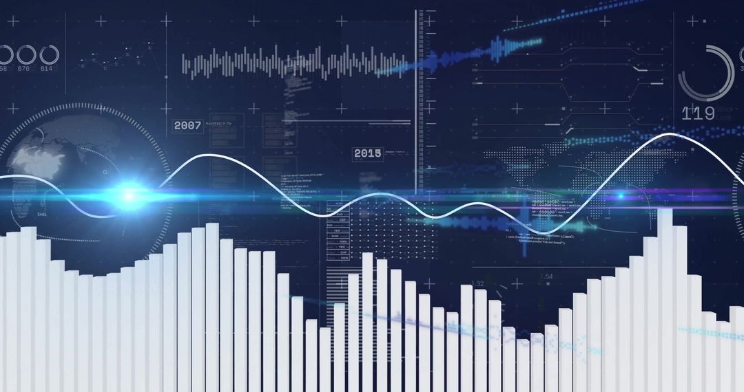 3D Bar Chart and Waveform on Futuristic Digital Dashboard