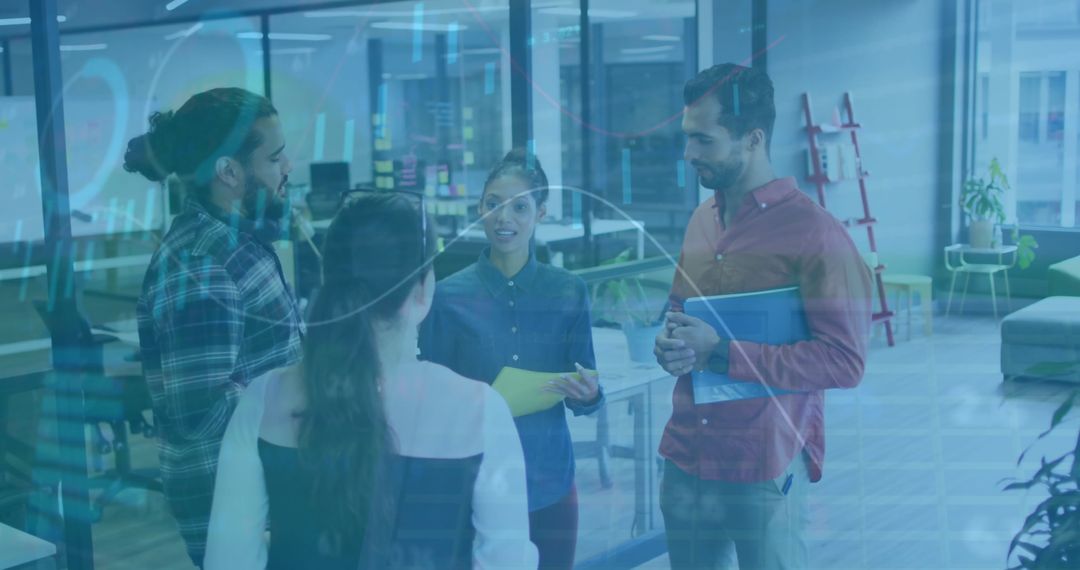 Colleagues Collaborating in Modern Office with Digital Finance Overlay