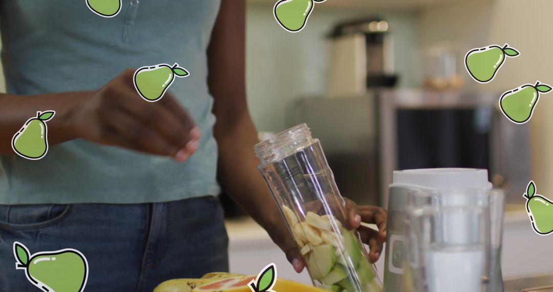 Preparing Fresh Juice in Modern Kitchen with Pear Overlays