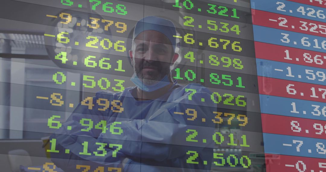 Surgeon in Operating Room with Financial Data Visualization