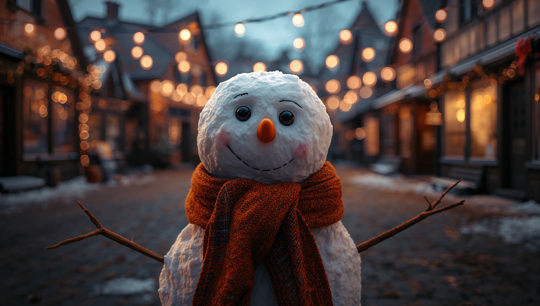 Charming Snowman with Red Scarf on Festive Cobblestone Street