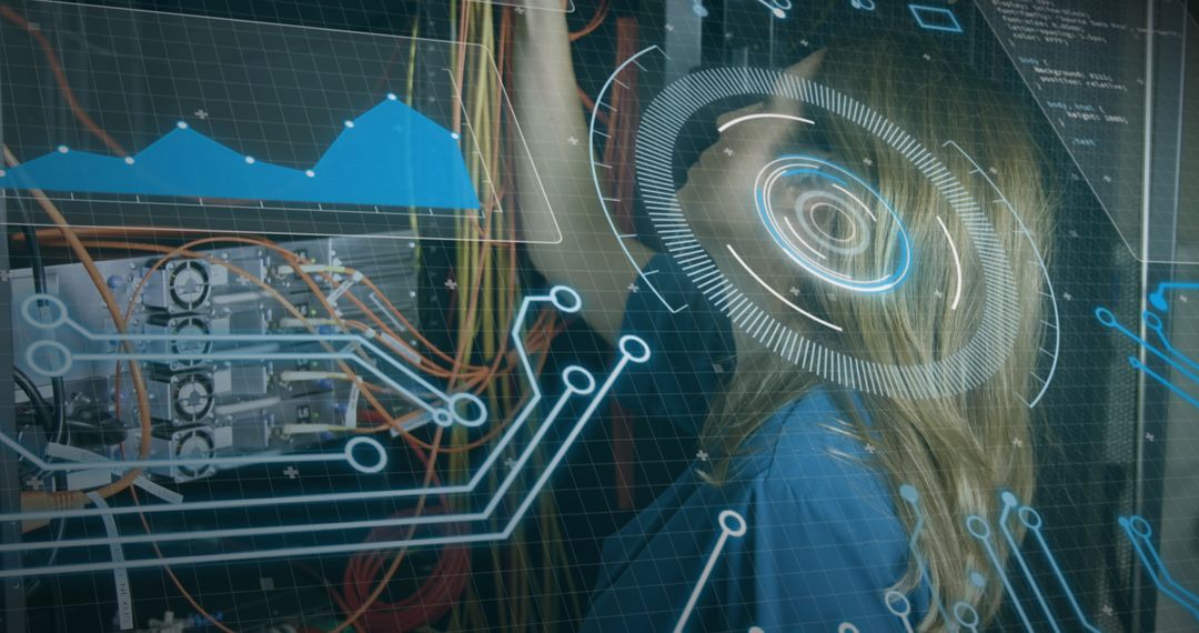 Caucasian Woman Monitoring Server Data with Digital Interface