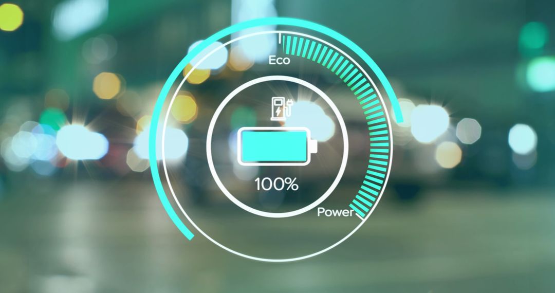 Digital Battery Indicator Over Cityscape Background Focusing on Eco Efficiency