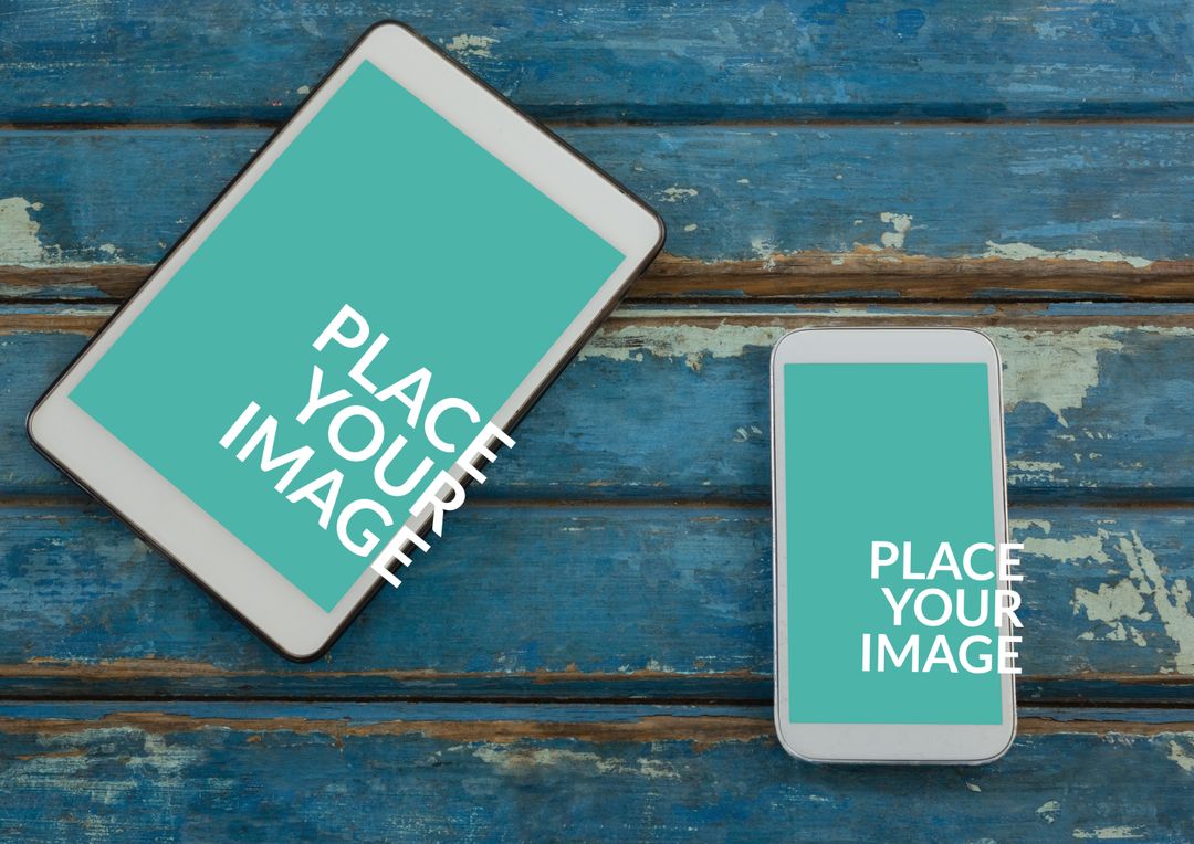 Tablet and Smartphone on Rustic Wooden Background Mockup