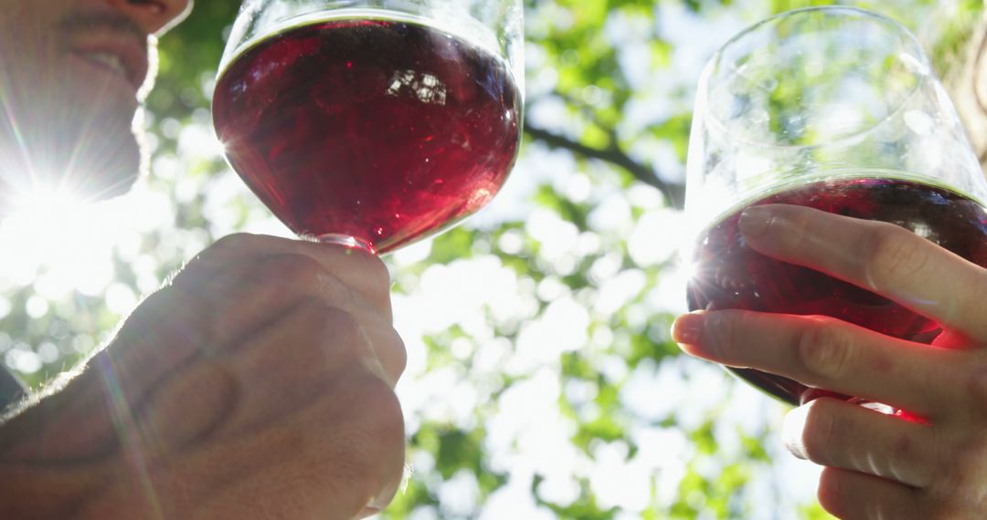 Couple Enjoying Red Wine Outdoors with Sunlight Filtering Through Trees - Free Images, Stock Photos and Pictures on Pikwizard.com