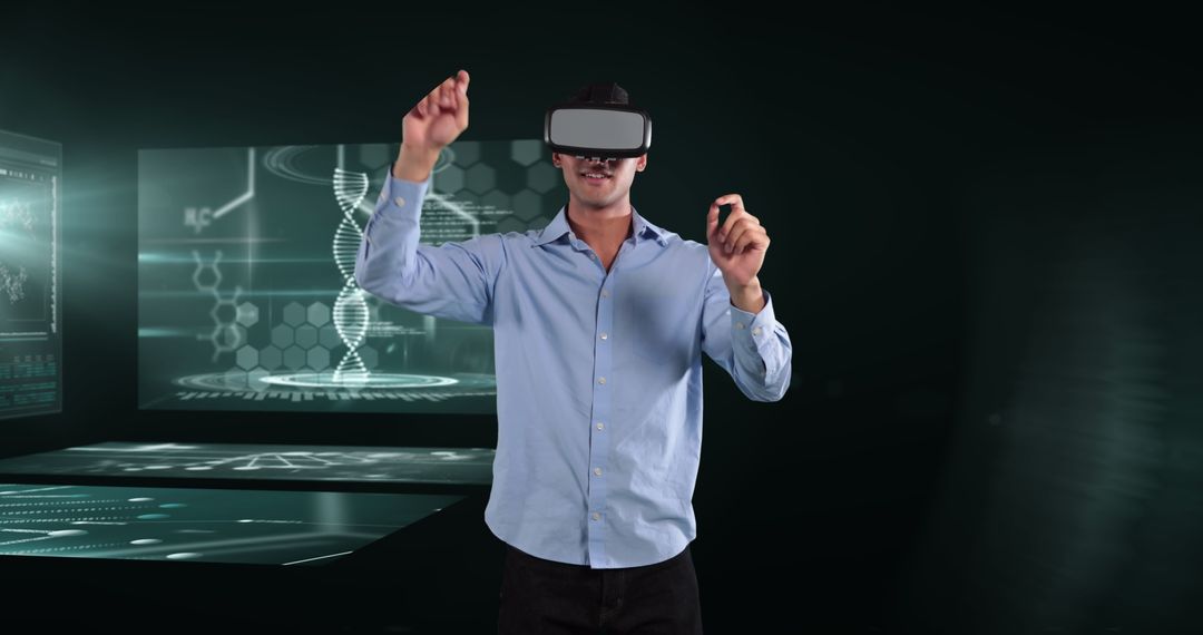 Businessman Using VR Headset with Digital Medical Data Visuals