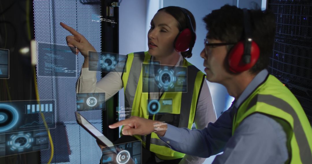 Diverse IT Technicians Analyzing Digital Data Interface