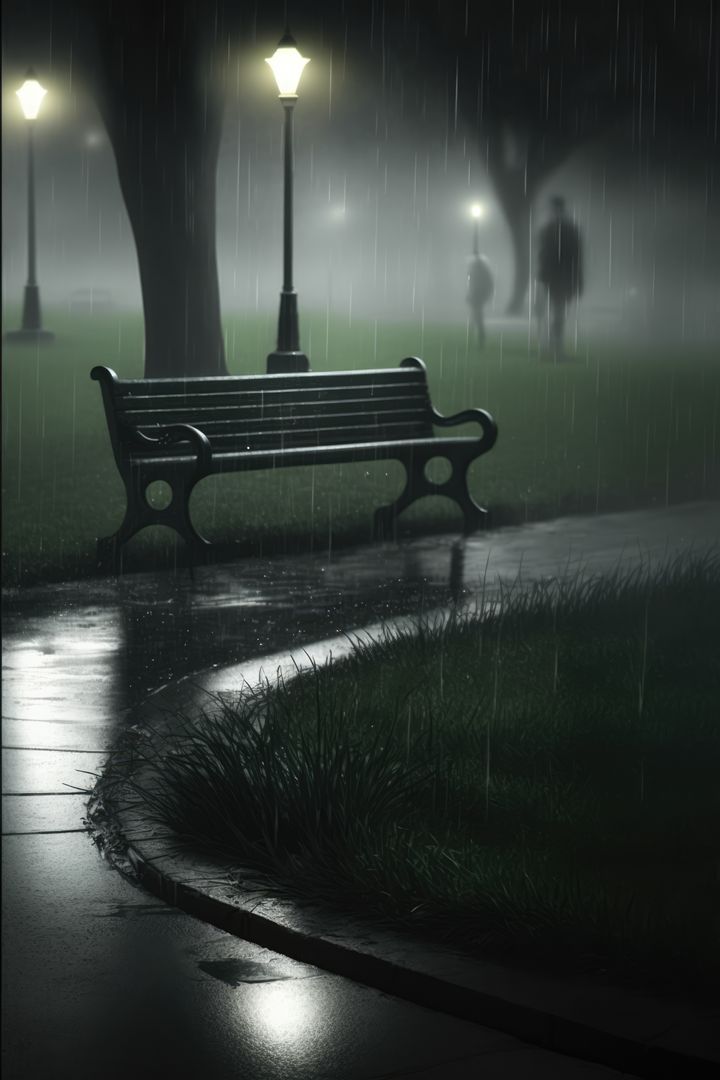 Bench in park by street lamp on dark misty rainy night, created using generative ai technology - Free Images, Stock Photos and Pictures on Pikwizard.com