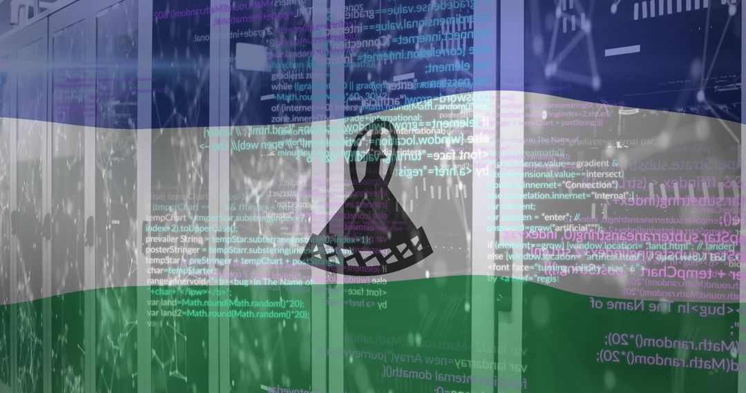 Lesotho Flag Overlaid on Digital Code in Server Room